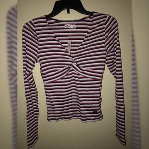 Hollister Red Stripe Knot-Front V-Neck Top